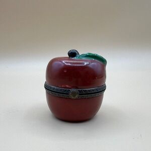 Vintage Apple Hinged Trinket Box with Caterpillar Glossy Enamel Metal Trim